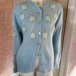 Vtg Blue Button Karen Scott 3D Flower Cardigan Sweater sz L